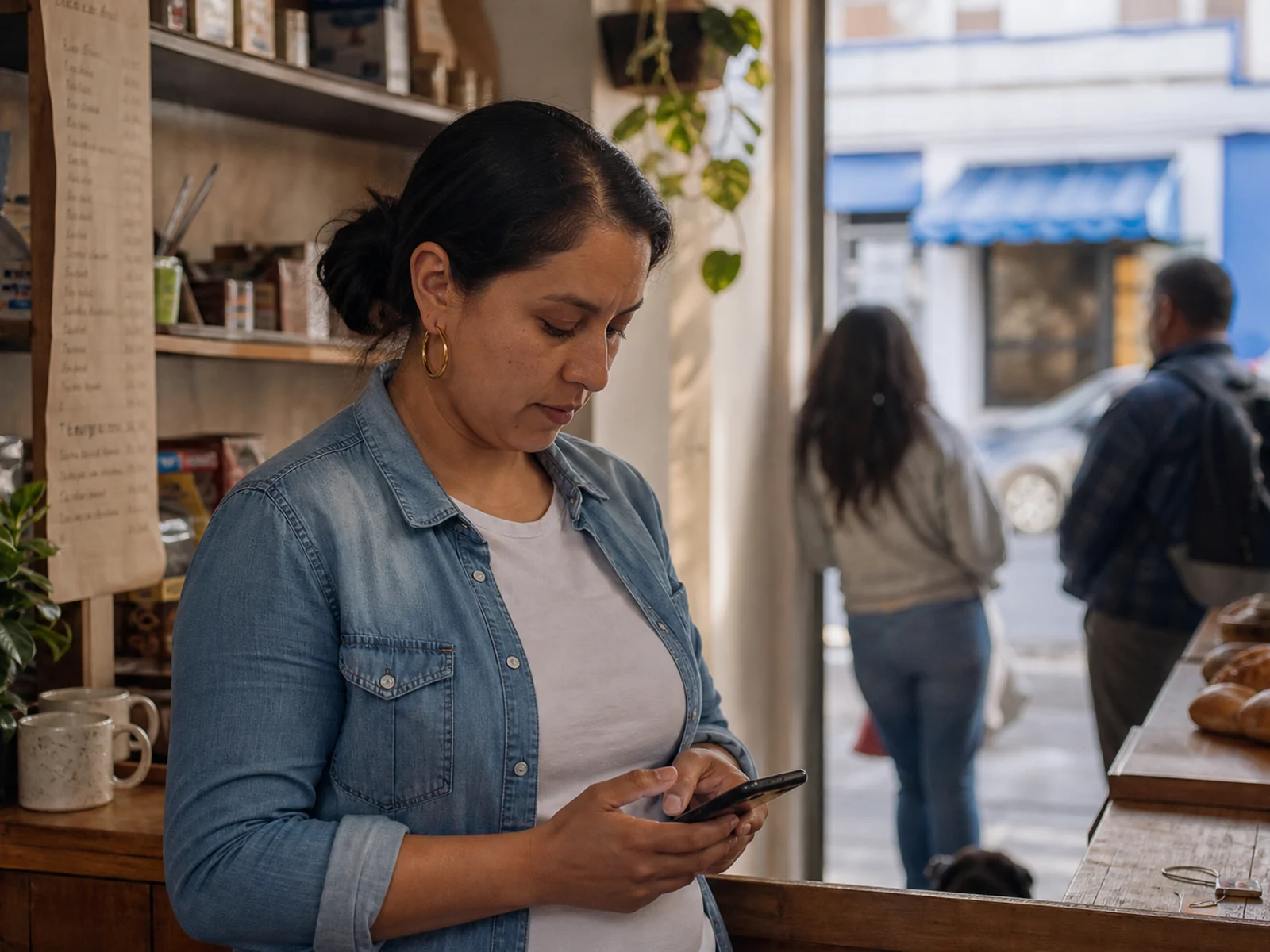 Dueña de un negocio revisando el WhatsApp del local entre clientes. Foto ilustrativa.